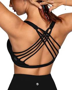 QUEENIEKE Damen Sport BH Gepolstert leichte Yoga Bra ohne Buegel Spaghettiträger Sport Bra Cross Back Cropped Top für Fitness Farbe Schwarz Größe M von QUEENIEKE