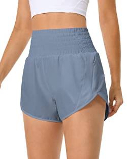 QUEENIEKE Kurze Sporthose Damen Sommer Laufhose Kurz Hose High Waist Radlerhose Schnell Trocknend mit Innenslip und Reißverschlusstasche Fitness Running Yoga Jogging Größe L Farbe Demin Blau von QUEENIEKE