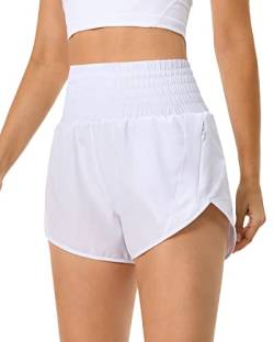 QUEENIEKE Kurze Sporthose Damen Sommer Laufhose Kurz Hose High Waist Radlerhose Schnell Trocknend mit Innenslip und Reißverschlusstasche Fitness Running Yoga Jogging Größe S Farbe Weiß von QUEENIEKE