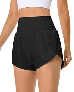 QUEENIEKE Kurze Sporthose Damen Sommer Laufhose Kurz Hose High Waist Radlerhose Schnell Trocknend mit Innenslip und Reißverschlusstasche Fitness Running Yoga Jogging Größe XL Farbe Schwarz von QUEENIEKE