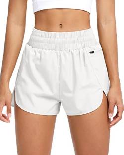 QUEENIEKE Kurze Sporthose Damen Sport Shorts Sommer Laufshorts Kurze Radlerhose Schnell Trocknend High Waist mit Reißverschlusstasche und Innenslip Yoga Fitness Running Gym Größe L Farbe Weiß von QUEENIEKE