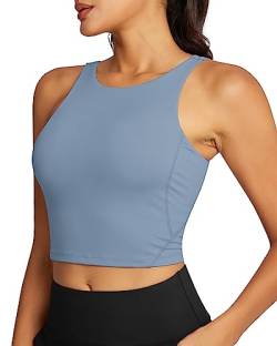 QUEENIEKE Sport BH Damen ohne Bügel Rückenfrei Gepolstert Longline Sport Bra High Neck U Rücken Mittlerer Stark Halt Fitness Gym Yoga Crop Top Größe XS Farbe Denim Blue 220308 von QUEENIEKE