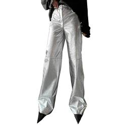 QUINTRA , locker sitzende PU-Hose aus silbernem, lässige Hose mit weitem Bein, hohe Taille, gerade Beinhose Weiße Hose Damen Berufskleidung (Silver, L) von QUINTRA