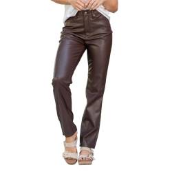 QUINTRA Damen-Business-Hose aus Kunstleder mit hohem Bund und geradem Bein, veganes Lederhose Herren Kurz Schwarz (Brown, L) von QUINTRA