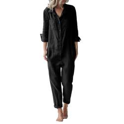 QUINTRA Damen-Overall aus Baumwolle und Leinen, modisch, lässig, lockeres, lange Ärmel, Knopfleiste und Taschen Jumpsuit Erwachsene Kuschelig (Black, XL) von QUINTRA