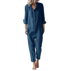 QUINTRA Damen-Overall aus Baumwolle und Leinen, modisch, lässig, lockeres, lange Ärmel, Knopfleiste und Taschen Jumpsuit Erwachsene Kuschelig (Blue, XXXL) von QUINTRA