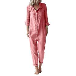 QUINTRA Damen-Overall aus Baumwolle und Leinen, modisch, lässig, lockeres, lange Ärmel, Knopfleiste und Taschen Jumpsuit Erwachsene Kuschelig (Pink, XL) von QUINTRA