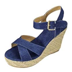 QUINTRA Damen-Sandalen mit offenem Zehenbereich und Knöchelriemen, Urlaubs-Jeans-Keilsandalen Damenschuhe Stiefeletten Schwarz 40 (Dark Blue, 37) von QUINTRA