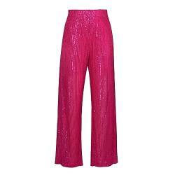 QUINTRA Einfarbige, mit Pailletten besetzte Damen-Freizeithose mit hoher Taille und geradem Bein Hose Damen Trend (Hot Pink, L) von QUINTRA
