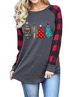 QUNERY Damen Langarmshirt Baumwolle Weihnachtspulli Weihnachts Sweatshirt Rundhals Bunter Weihnachtsbaum Aufdruck Motiv Weihnachts Pulli Frauen Christmas Tops Shirt Grau-Bunter Weihnachtsbaum L von QUNERY