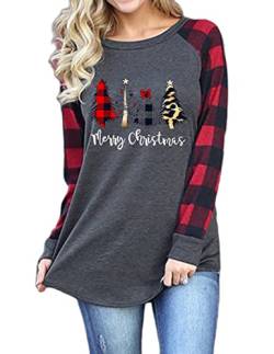 QUNERY Damen Langarmshirt Baumwolle Weihnachtspulli Weihnachts Sweatshirt Rundhals Bunter Weihnachtsbaum Aufdruck Motiv Weihnachts Pulli Frauen Christmas Tops Shirt Grau-Leopard Weihnachtsbaum M von QUNERY