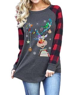 QUNERY Damen Langarmshirt Baumwolle Weihnachtspulli Weihnachts Sweatshirt Rundhals Bunter Weihnachtsbaum Aufdruck Motiv Weihnachts Pulli Frauen Christmas Tops Shirt Weihnachtselch L von QUNERY