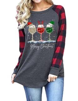 QUNERY Damen Langarmshirt Baumwolle Weihnachtspulli Weihnachts Sweatshirt Rundhals Bunter Weihnachtsbaum Aufdruck Motiv Weihnachts Pulli Frauen Christmas Tops Shirt Weinglas S von QUNERY