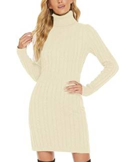 QUNERY Damen Pullover Kleid Elegant Strickkleid Casual Langarm Winterkleid Einfarbig Rollkragen High Stretch Jumper für Winter A-Aprikose L von QUNERY