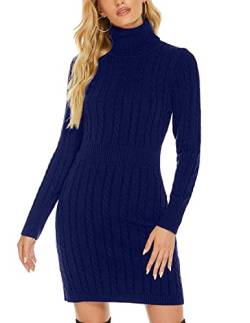 QUNERY Damen Pullover Kleid Elegant Strickkleid Casual Langarm Winterkleid Einfarbig Rollkragen High Stretch Jumper für Winter A-Blau L von QUNERY