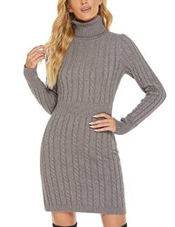 QUNERY Damen Pullover Kleid Elegant Strickkleid Casual Langarm Winterkleid Einfarbig Rollkragen High Stretch Jumper für Winter A-Grau S von QUNERY