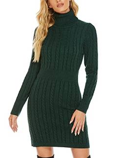 QUNERY Damen Pullover Kleid Elegant Strickkleid Casual Langarm Winterkleid Einfarbig Rollkragen High Stretch Jumper für Winter A-Grün L von QUNERY