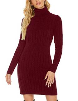 QUNERY Damen Pullover Kleid Elegant Strickkleid Casual Langarm Winterkleid Einfarbig Rollkragen High Stretch Jumper für Winter A-Rotwein L von QUNERY