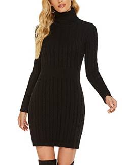 QUNERY Damen Pullover Kleid Elegant Strickkleid Casual Langarm Winterkleid Einfarbig Rollkragen High Stretch Jumper für Winter A-Schwarz M von QUNERY