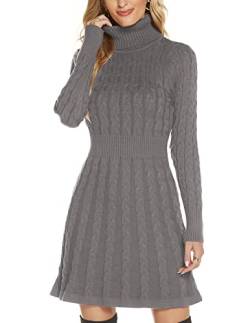 QUNERY Damen Pullover Kleid Elegant Strickkleid Casual Langarm Winterkleid Einfarbig Rollkragen High Stretch Jumper für Winter B-Grau L von QUNERY