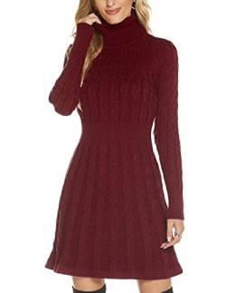 QUNERY Damen Pullover Kleid Elegant Strickkleid Casual Langarm Winterkleid Einfarbig Rollkragen High Stretch Jumper für Winter B-Rotwein M von QUNERY