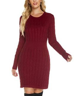 QUNERY Damen Pullover Kleid Elegant Strickkleid Casual Langarm Winterkleid Einfarbig Rollkragen High Stretch Jumper für Winter C-Red Wine M von QUNERY