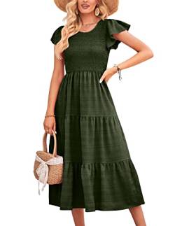 QUNERY Damen Sommerkleid Rundhals Flatterärmel Einfarbig Midikleid Gesmoktes Elastische HoheTaille Sommer Lässig Rüschen Kleid Strandkleid A-Military Green M von QUNERY