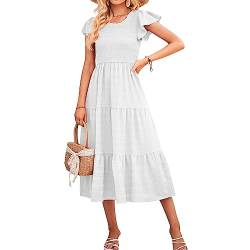 QUNERY Damen Sommerkleid Rundhals Flatterärmel Einfarbig Midikleid Gesmoktes Elastische HoheTaille Sommer Lässig Rüschen Kleid Strandkleid A-Weiß XL von QUNERY