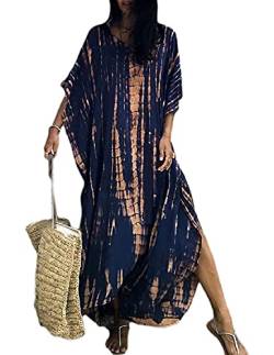 QUNERY Damen Strandkleid Elegante Lange Bikini Cover Ups Strandponcho Druck Lose Kaftan Smock Sommer Maxikleid (Marine) von QUNERY