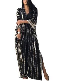 QUNERY Damen Strandkleid Elegante Lange Bikini Cover Ups Strandponcho Druck Lose Kaftan Smock Sommer Maxikleid (Schwarz) von QUNERY