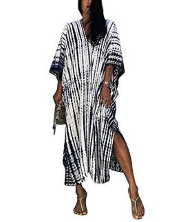 QUNERY Damen Strandkleid Elegante Lange Bikini Cover Ups Strandponcho Druck Lose Kaftan Smock Sommer Maxikleid (Weiß) von QUNERY