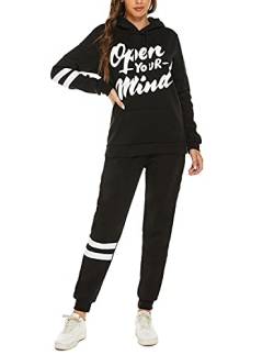 QUNERY Damen Trainingsanzug Elegant Jogginganzug Brief Sportanzug Hausanzug Tracksuit Mode Outfit Trainingjacke+Hose für Sport und Freizeit A-Schwarz XL von QUNERY