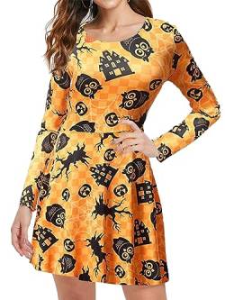 QUNERY Halloween Kostüm Damen Gruselig Herbstkleider Frauen Kostüm Langarm Kleid Freizeitkleider mit Rund Ausschnitt Partykleid Orange & Eule M von QUNERY