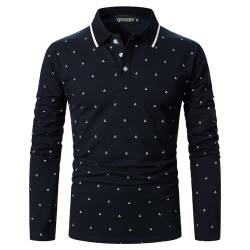 QUNERY Herren Poloshirt Langarm Stretch Regular Fit Männer Hemden mit Geripptem Kragen und Print Poloshirt Golf Navy blau M von QUNERY