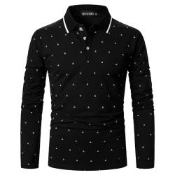 QUNERY Herren Poloshirt Langarm Stretch Regular Fit Männer Hemden mit Geripptem Kragen und Print Poloshirt Golf Schwarz M von QUNERY