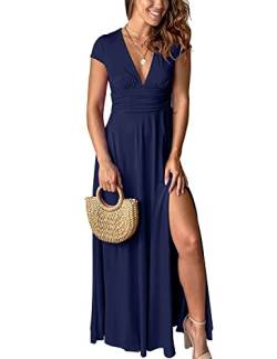 QUNERY Maxikleider Damen Sommer Kurzarm Strandkleider V-Ausschnitt Kleider Hohem Schlitz Lange Abendkleider Elegant für Hochzeit Cocktailkleid Blau Schwarz M von QUNERY