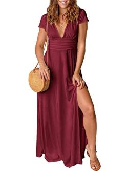 QUNERY Maxikleider Damen Sommer Kurzarm Strandkleider V-Ausschnitt Kleider Hohem Schlitz Lange Abendkleider Elegant für Hochzeit Cocktailkleid Claret L von QUNERY