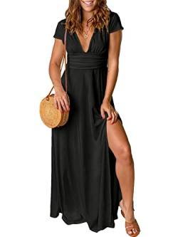 QUNERY Maxikleider Damen Sommer Kurzarm Strandkleider V-Ausschnitt Kleider Hohem Schlitz Lange Abendkleider Elegant für Hochzeit Cocktailkleid Schwarz L von QUNERY