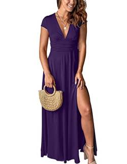 QUNERY Maxikleider Damen Sommer Kurzarm Strandkleider V-Ausschnitt Kleider Hohem Schlitz Lange Abendkleider Elegant für Hochzeit Cocktailkleid lila XXL von QUNERY