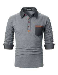 QUNERY Poloshirt Herren Langarm Getäfelt T Shirts Golf Tennis Hemden Casual Tops Grau XXL von QUNERY