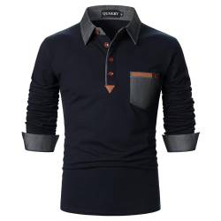 QUNERY Poloshirt Herren Langarm Getäfelt T Shirts Golf Tennis Hemden Casual Tops Navy blau M von QUNERY