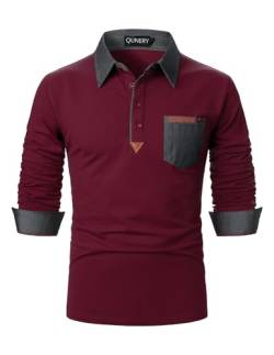 QUNERY Poloshirt Herren Langarm Getäfelt T Shirts Golf Tennis Hemden Casual Tops Rotwein XXL von QUNERY