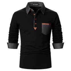 QUNERY Poloshirt Herren Langarm Getäfelt T Shirts Golf Tennis Hemden Casual Tops Schwarz L von QUNERY