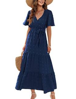 QUNERY Sommerkleid Damen Lang Kleider Elegant V Ausschnitt Swiss Dot Freizeitkleider Einfarbig Kurzarm Maxikleid mit Gürtel Strandkleid Cocktailkleid A-Blau M von QUNERY