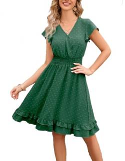 QUNERY Sommerkleid Damen Lang Kleider Elegant V Ausschnitt Swiss Dot Freizeitkleider Einfarbig Kurzarm Maxikleid mit Gürtel Strandkleid Cocktailkleid C-Grün M von QUNERY