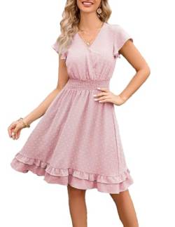 QUNERY Sommerkleid Damen Lang Kleider Elegant V Ausschnitt Swiss Dot Freizeitkleider Einfarbig Kurzarm Maxikleid mit Gürtel Strandkleid Cocktailkleid C-Rosa L von QUNERY