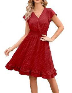 QUNERY Sommerkleid Damen Lang Kleider Elegant V Ausschnitt Swiss Dot Freizeitkleider Einfarbig Kurzarm Maxikleid mit Gürtel Strandkleid Cocktailkleid C-Rot XL von QUNERY