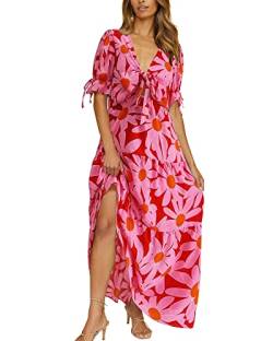 QUNERY Sommerkleid Lang Damen Boho Kleid Knoten Front Tiefer V-Ausschnitt Kurzarm Strandkleid Rüsche Floral Casual Partykleid Cocktailkleid Rosa L von QUNERY