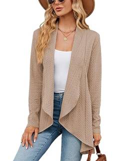 QUNERY Strickjacke Damen Langarm Cardigan Elegant Casual Top Wasserfall Strickjacken Leicht Gestrickt Blazer Khaki M von QUNERY