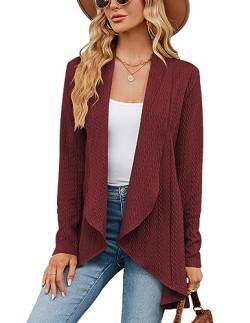 QUNERY Strickjacke Damen Langarm Cardigan Elegant Casual Top Wasserfall Strickjacken Leicht Gestrickt Blazer Rotwein M von QUNERY